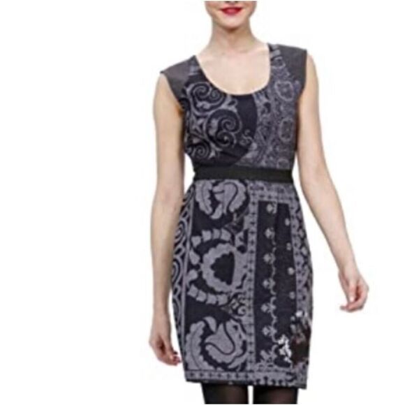 Desigual Printed Black Gray Bodycon Dress Medium - Picture 1 of 7